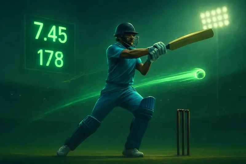 Dynamic Cricket Action Cricket batsman in blue jersey hitting powerful shot with digital odds scoreboard