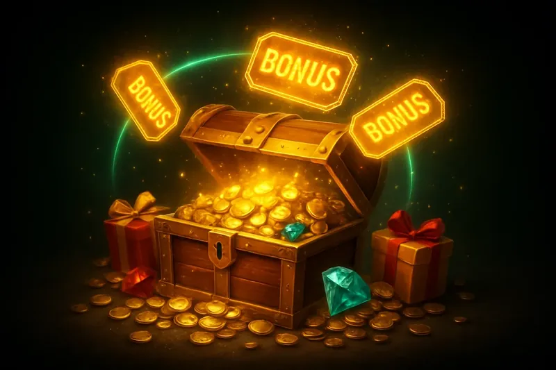 Golden treasure chest bursting with coins, gems, gifts and glowing bonus tags