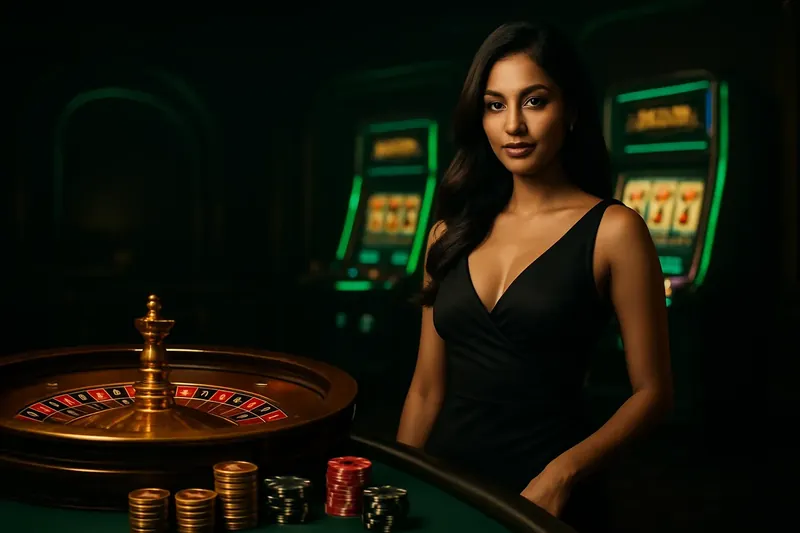 Luxury Casino Banner Ultra realistic Bangladesh casino banner with confident woman near roulette and slot machines