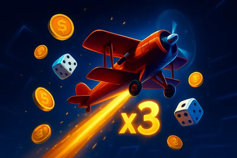 Red airplane crash game with glowing multiplier trail, coins, dice and neon accents