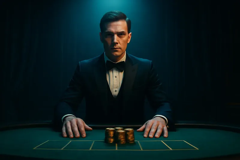 Elegant Live Casino Professional live casino dealer at green felt table with golden chips