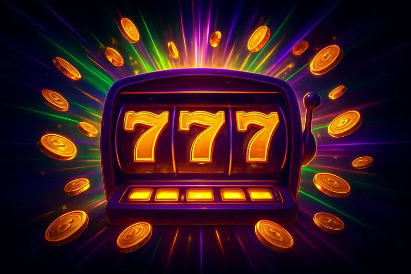 Jackpot Slot Win Slot machine hitting jackpot with golden 777, exploding coins and neon lights